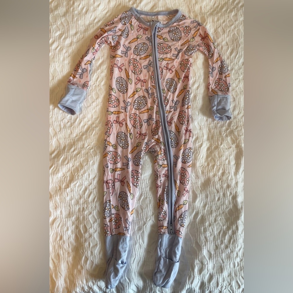 Charming BAMBOO Footie Pajamas in Daisy Easter Egg Carrot Bow Print